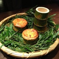 燈々庵 - ①先付け 竹筒 桜花焼き 筍 新ジャガ アスパラ 木の芽味噌
