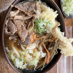 彩花 - かけうどん（大）+肉、卵、キンピラ、ちくわ天