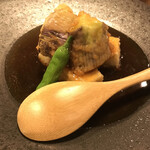 みやざき地頭鶏炭火焼 Kutsurogi 三四郎 - 砂土原ナスと豆腐の揚げだし880円