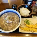 丸亀製麺 - 神戸牛旨だしうどん並、ご飯、海老天2本