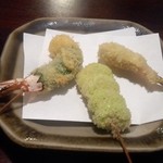 海老シソ巻き、空豆、谷中生姜肉巻き