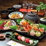 Waraku - 海鮮コース　焼き八寸　煮物　海鮮刺し3種　寿司　赤だし