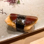 不動前 すし 岩澤 - あん肝とスイカの奈良漬　濃厚で美味い！