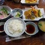 末広 - カンパチ刺身・天ぷら定食