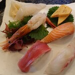 すし辰 - 誕生日祝い寿司（アプリ会員向けのサービスメニュー:有頭えび、イカ、まぐろ、鯛、サーモン、玉子焼き、ガリ）