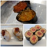 Chousoku Sengyo Sushi Haneda Ichiba - 本日のおすすめより：宮崎産 黄金イクラ(ヤマメの卵)の 軍艦880円※通常のイクラと並べています。千葉産 蛤のにぎり 680円、北海道 仙鳳趾(せんぽうし)産牡蠣にぎり 880円、鉄火巻 440円 