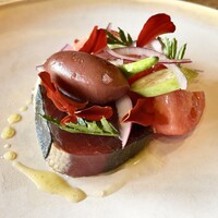 restaurant KAM﻿ - 静岡もち鰹の皮目を炙って 塩田トマト 完熟させた赤ピーマンを真っ黒に焼いて丸ごとアメリカンチェリーのピューレと合わせたソルベ 丸オクラ ニンジンのムース フェンネル レモンマリーゴールド