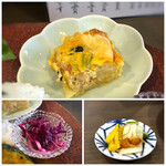 0296 - ◆小鉢は「和風キッシュ」と言えばいいのかしら、優しいお味。 紫キャベツのマリネはカレーに合います。 ＊香の物は種類盛り合わされ、ご飯のおともに。