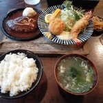 盛よし - エビフライとカニクリームコロッケとハンバーグ定食