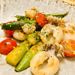 ロマンス お好み焼きとクラフトビール - 甲イカ小柱アスパラガス　ポン酢柚子胡椒