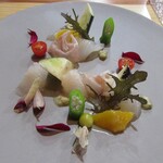 Ryoriya Takashima - 生ハム 高知県産うまずらはげ 赤紫蘇 神戸の水茄子、ミニトマト、ラディッシュ  淡路産のマイヤーレモンのソース 丹波篠山産の食用ほうずき