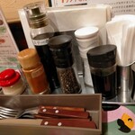 Urutora Mito - 注文時にソース選べるのだが卓上にもおろしニンニク、山葵、ホットペパー、ステーキソース、黒胡椒、塩、醤油、一通り揃ってるのであとからいくらでも自分の好みにアレンジできる