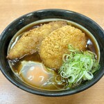 だるまそば 西新宿支店 - 魚フライそば（450円）＋コロッケ（100円）＋生玉子（朝は無料）