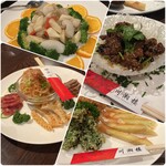 川湘楼 - 前菜盛合せ・海鮮炒め・牛肉オイスター炒め・揚げ物３種