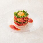 Chilled beef tartare mille-feuille style yukhoe
