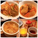 Yakinikuya Gontaka - 韓流ビュッフェ　左上から時計回りに　チヂミ＆チャプチェ、牛すじ煮込み、ドリンクバー、スープ