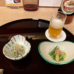 割烹むつごろう - 先付と、ビール