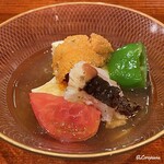 祇園もりわき - 月見胡麻豆富にバフン海胆に鱧の焼霜造りの柑橘ジュレがけ