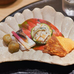 新ばし 星野 - 柿なます、かます、ばちこ、むかご、くわいチップス