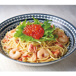 Seafood pasta with salmon roe and red snow crab