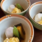 Kaisekiryouri Mishimaya - 名残鱧黄味煮。季節のお野菜と一緒に