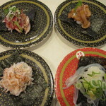 Hamazushi - 特盛り！釜揚げ小えびつつみ、本白魚つつみ、いか刺しのうに和えつつみ、まぐろレアステーキつつみ