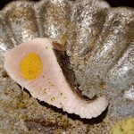 馳走 啐啄一十  - ⑨炭火炙り秋鰆(山口県岩国産、5日寝かせ)、和辛子載せ
      産卵期は春～初夏、旬は秋～冬
      炭火で炙り皮下の脂が更に旨みを増して味わいに奥行きがあります。
      身が軟らかく、しっとりとして滑らかな舌触りです。