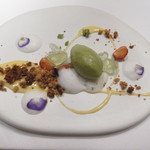 エクアトゥール - キウイのソルベとバジル蜂蜜ヨーグルト、タルトシトロンのソース