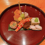 日本料理 たかむら - 八寸:特製卵焼き、ばい貝旨煮、石川小芋、浅利と春菊の胡麻寄せ、バチコ、車海老つや煮、大黒しめじ、銀杏、生落花生