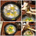 Shunwo Moru Watanabedoori Keiji - ＊大粒の牡蠣8粒と、薄めのスライスの松茸、お出汁も丁寧に引かれているのでしょうけれど、その味わいがわからない程の菊花が入っているのは勿体ないような。椀ものとしてはボリュームタップリ。 牡蠣好きですけれど、一度に頂く量としては半分程度でいいかも。(^◇^;)