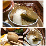 Shunwo Moru Watanabedoori Keiji - ＊太刀魚の焼き霜・・焼き霜は和食では定番の調理法で、皮の表面を焼き冷水で冷やすことでお魚の旨味が増します。 梅ソースがかけられた太刀魚はいいお味。木酢（きず）のジュレで。