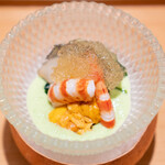 肉屋 雪月花 NAGOYA - 愛知県天然車海老 黒鮑 雲丹 三杯酢のジュレ ずんだのソース