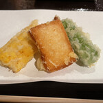 京都 天ぷら圓堂 - とうもろこし、海老パン、えんどう豆