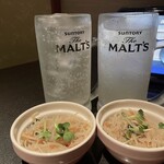 個室居酒屋 京 - お通しとアロエソーダとライチソーダ