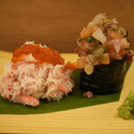 Taishuuakasusushibonta - 蟹玉(名前違うかも？イクラ、蟹肉、赤酢シャリ)、なめろう軍艦