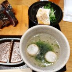 Kouchiken Geisei Mura Tosa Gamon Ihombashi - 小鉢(豆腐サラダ)、鴨海苔スープ ♪
