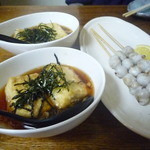 高はし - いかトンビ焼き\300　揚げ出し豆腐\400