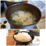 nakaochikarubiteishokusemmontennikusuke - ご飯とスープは1回のみお代わり無料。 ◆牛タンとお野菜のスープ・・説明の際「今日は・・」と言われたので、日替わりなのかも。 こういう品は普段は好まないのですけれど、牛タンのくせを感じず美味しい。 ◆ご飯もつやがあり美味しい。小（100g）、中（.200g）、大（.300g）から選べます。 お隣の方が召し上がっていらした「大」は山盛りでしたけれど、お代わり1回無料は同じ。