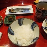 草喰 なかひがし - 4月食事　目刺し　白飯　野菜五目煮蕗の薹味噌和え　香の物　