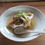 さじこよみ - 鮮魚のヴァプール　新米焼きおむすびのネギ餡かけ