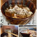 たでの葉 - ツキノワグマと天然茸汁
      これ最高！
      なめこ・アブラシメジ・ナラタケ・ムキタケ・千本しめじと盛り沢山、トロンとして堪らん♪
      ツキノワグマの脂が溶けだして旨味たっぷり、茸の旨味と重なり秋の収穫祭なのです♪