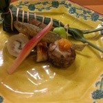 中善 - 鯛ちまきずし、モロコ三杯酢漬け､鯛の肝､一寸豆､小芋きぬかつぎ､半干しこのこ､みょうが甘酢､穴子養老巻き