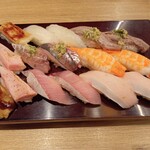 寿司 築地日本海 - 穴子　平目　いわし　炙り大トロ　アジ　エビ　カンパチ　ハマチ