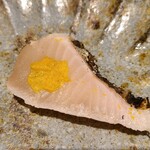 馳走 啐啄一十  - ⑨炭火炙り秋鰆(山口県岩国産、3日寝かせ)、和辛子載せ
      産卵期は春～初夏、旬は秋～冬
      炭火で炙り皮下の脂が更に旨みを増して味わいに奥行きがあります。
      身が軟らかく、しっとりとして滑らかな舌触りです。