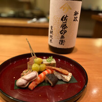 日本料理 たかむら - 八寸　特製玉子焼き　カマスの風干し　石川小芋
                　　　浅利と春菊の胡麻寄せ　車海老つや煮
                　　　銀座　生落花生　ばちこ