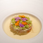 レストラン オオツ - 2022.10 ベニズワイガニ 帆立貝のフラン 擂った枝豆 クリアーなトマトジュレ