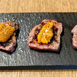 Beef cutlet and sea urchin sea urchin style with Shimanto nori seaweed tsukudani