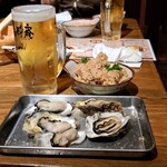 鹿酔庵 - 生ビール、牡蠣めし、焼けた牡蠣