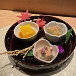 池袋 寿司 個室 空 - 【前菜】かぼちゃ豆腐、子持ち昆布、あん肝のオレンジ煮