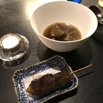 Alternative - ❶鹿のコンソメ、セップ茸
      鹿のレバー網脂巻きの炭火焼き